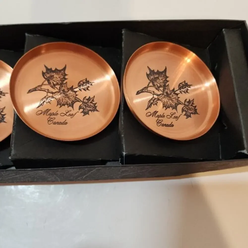 Vtg Fantasy Copperware Set of 4 Coasters Maple Leaf Canada Barware